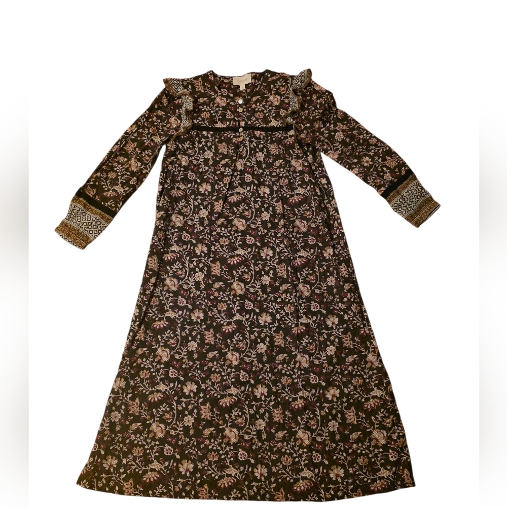 Cleobella Floral Prairie Dress Ruffled Shoulders Button Detail Size S